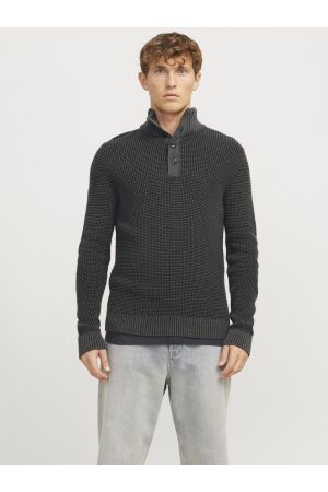 Jack & Jones Jack & Jones jjethan knit high neck Trui black twist w. asphalt. button