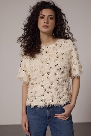 Tramontana Tramontana feathered sequin top c35-18-401 T-shirt Lange mouw 006800-stone
