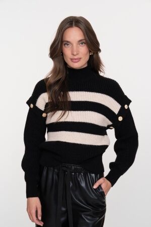 Geisha Geisha pullover stripe buttons 54860-23 Trui 999 black/off-white